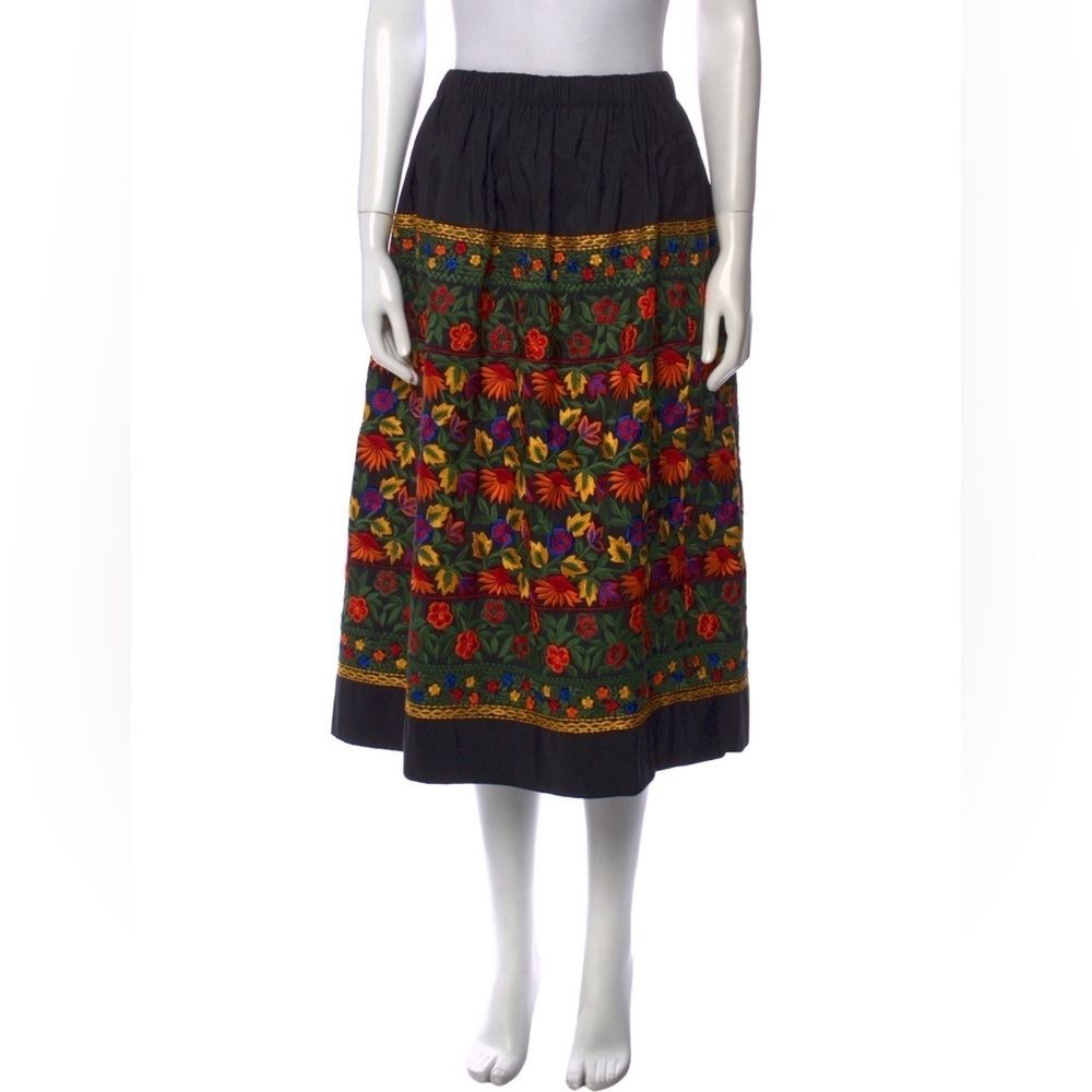 Naeem Khan Floral Embroidered Black Multicolor Cotton Peasant Midi Skirt NWT 8